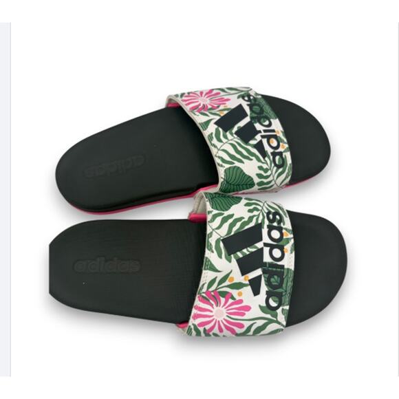 Adidas NWOB Black Slides Sandals Women's Size 6 Pink Green Tropical Print - Picture 4 of 6